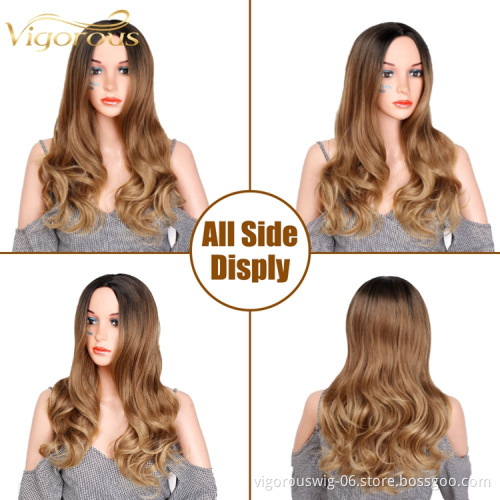 Vigorous Synthetic Long Wavy Dark Root Ombre Brown Cosplay Wigs for Black White Women Colorful Fiber Hair Wigs High Temperature